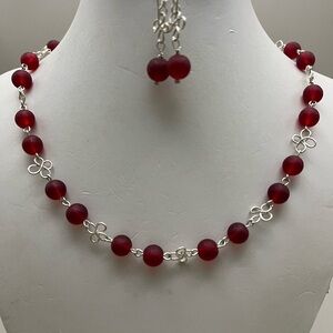 Red and Sterling Silver Beaded Necklace with Elegant Design